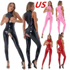 Womens Wet Look Open Cups Crotchless Catsuit Full Body Jumpsuit Clubwear
