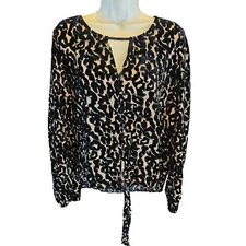 NWT Mixed media velour Sheer black brown tie front long sleeve leapord top XL 