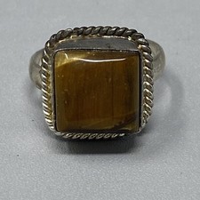 Tigers Eye Ring Sterling Silver 925 Square Stone Chakra Scroll Edge Vtg Size 9