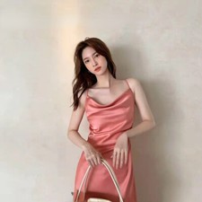 Women Satin Slip Dress Midi Spaghetti Straps Fit Flare Slim Party Fashion Dress