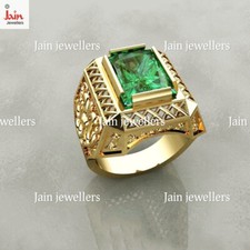 14Kt, 18Kt Real Yellow Gold Green CZ Men'S Vintage Ring Size 8 9 10 11 12 13 14