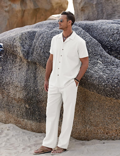COOFANDY Men 2 Piece Linen Outfit Beach Button down Shirt Casual Loose Pant Sets - 第 4/12 張圖片