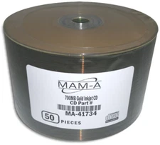 100-Pak MAM-A (Mitsui) GOLD INKJET/GOLD 52X 80-Min Archival CD-R's, #41734