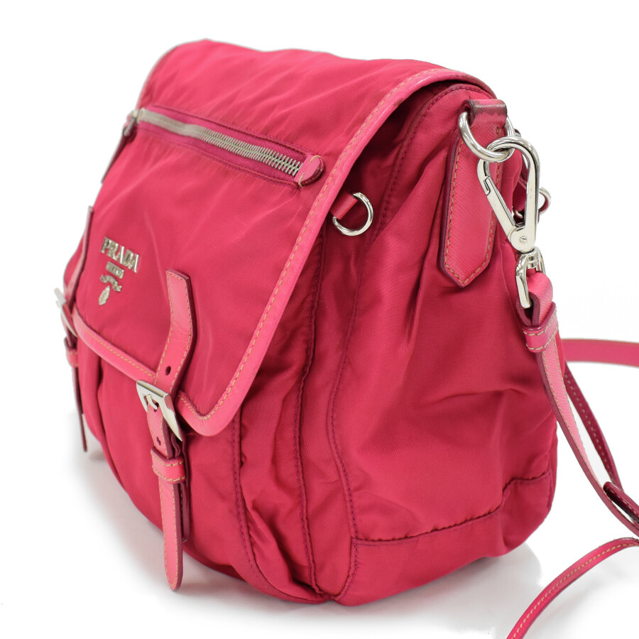 Used Prada Messenger Shoulder Bag Nylon Leather Pink Silver Hardware