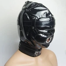 Bondage PU Leather Headgear Head Hood Harness With Plug Open Mouth Gag BDSM Game