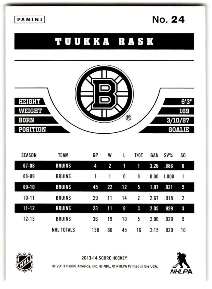 2013-14 Score Gold Tuukka Rask #24 Boston Bruins - Image 2 of 2