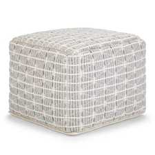 Noreen Boho Square Pouf in Light Blue, White Handloom Woven Pattern for the L...