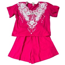 Fast Fashion of California Hot Pink 2 Piece Short Set Pearl Glitter Floral OS