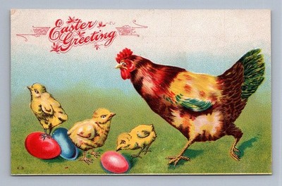 Easter Greeting hen chicks colorful eggs illustration vibrant 1900s