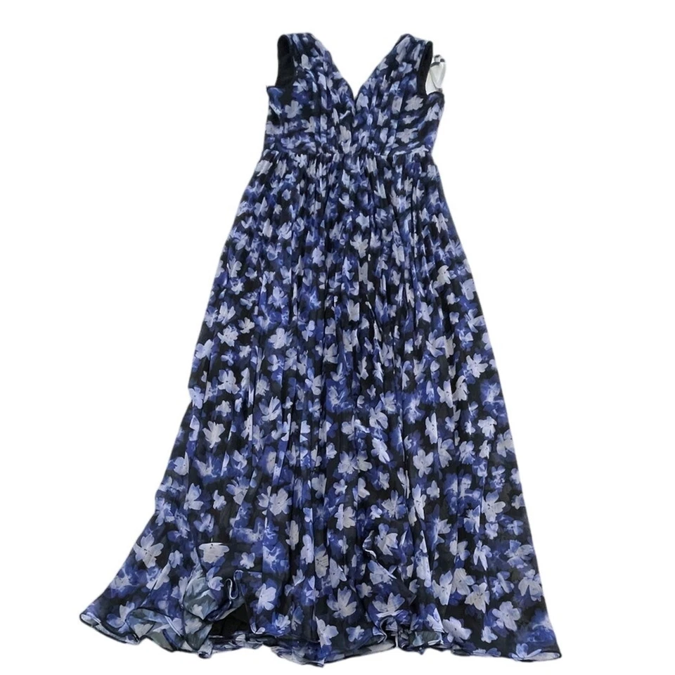 Vestido Monique Lhuillier Mujer 14 Azul Negro Melanie Cuello en V Gasa Sin Mangas Foto 3 de 4