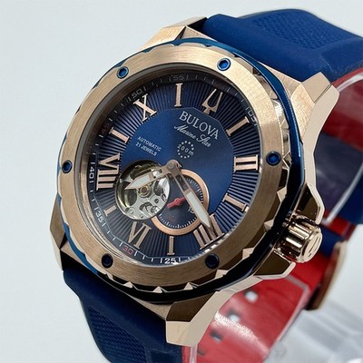 Bulova Men's Marine Star Automatic Blue Gold Dial Rubber Strap