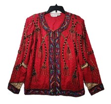 Vintage 80s Lawrence Kazar Sequin Beaded Jacket blazer Embellished Silk Red XL