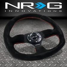 NRG REINFORCED 320MM BLACK SUEDE RED STITCH FLAT BOTTOM D-SHAPE STEERING WHEEL