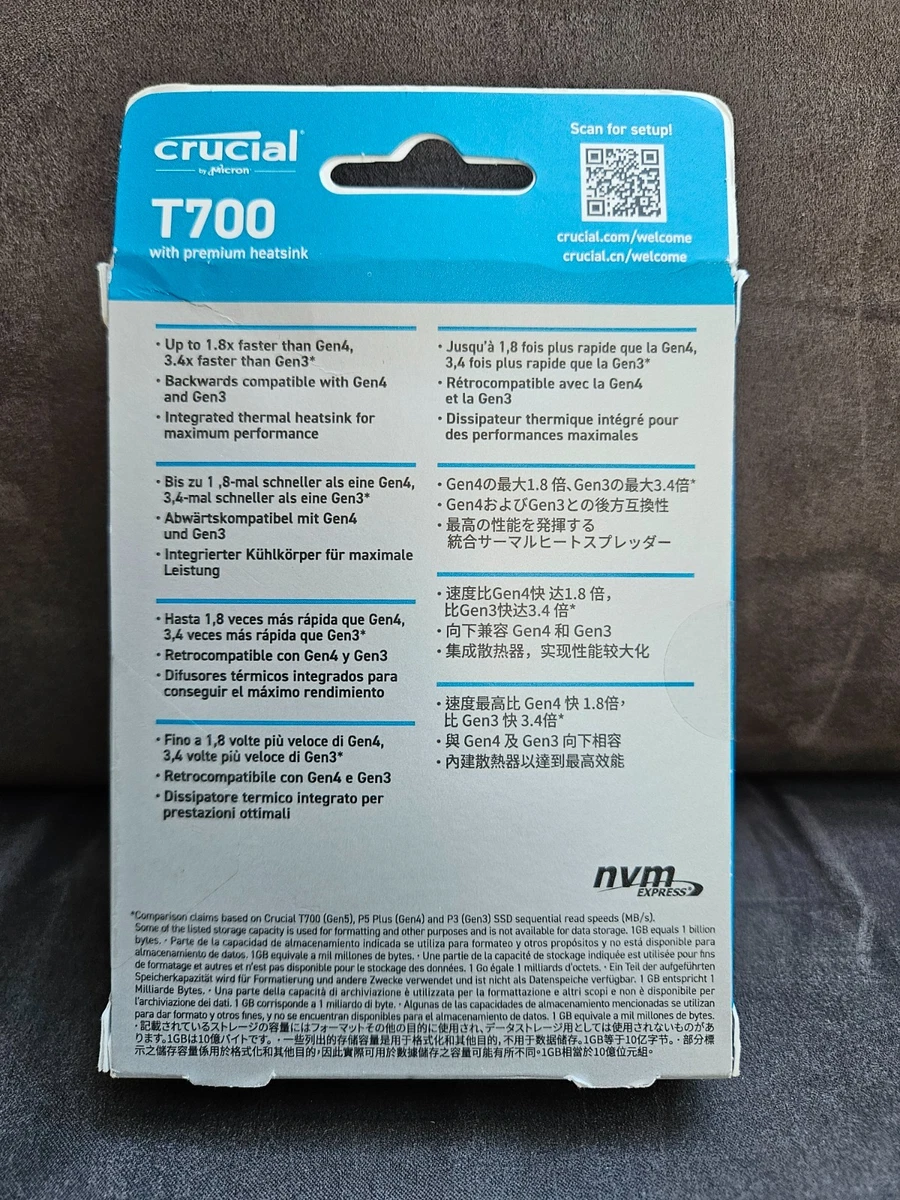 SSD Crucial T700 4 TB PCIe Gen5 NVMe M.2 con disipador de calor