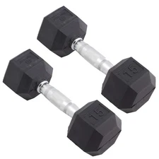 Body Sport Rubber Encased Hex Dumbbell Weight –  Exercises – 15 lb Pair