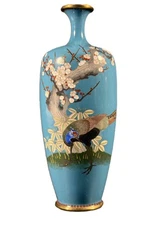 Fine Japanese Meiji Cloisonné Vase – Pheasant & Plum Blossoms on Turquoise Groun