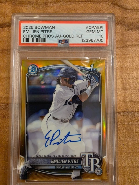 Es ist er!! 2025 Bowman Draft Chrome Emilien Pitre Gold Refractor Auto /50 PSA 10