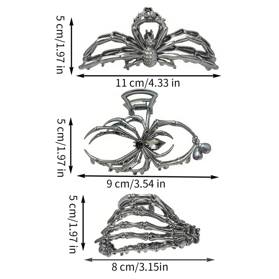 3 PIEZAS Pinzas de garra de pelo calavera mano esqueleto tela de araña negra pinza de metal hiphop  Foto 2 de 4