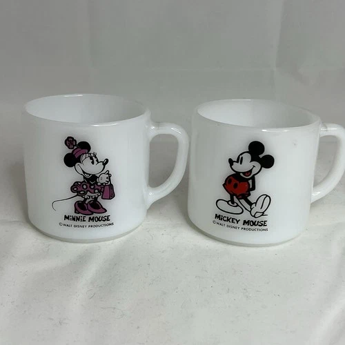Vintage Mickey & Minnie Mouse Milk Glass Mugs Walt Disney Productions Lot Pair
