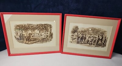 Set Of 2 Hand Drawn Sketch Frontier Setters Canal Life USA Signed Otiginals 