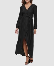 GUESS Women's Black Pleated Woven Faux-Wrap V-Neck Maxi Dress Size 6