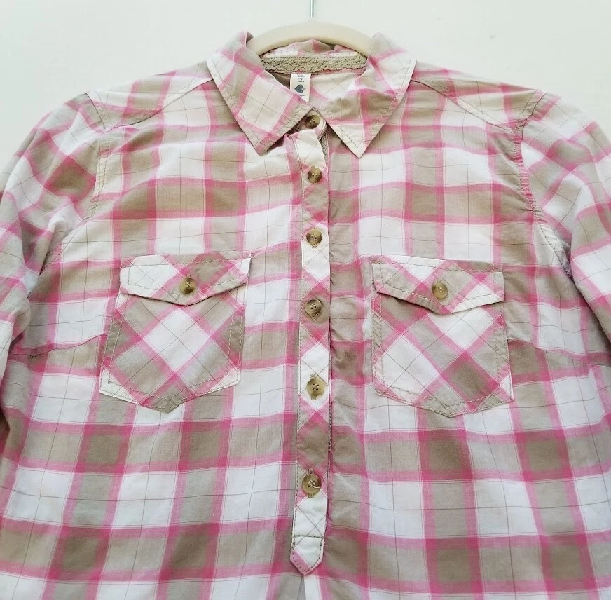 Girl Krazy Shirt Women Medium M Pink Brown Plaid Long Sleeve Pockets Casual Top - Image 2 of 4