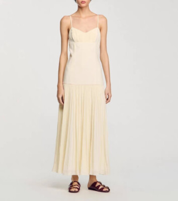 Women Sandro V-neck Contrasting Pleated Fit & Flare Slip Midi Dress | eBay