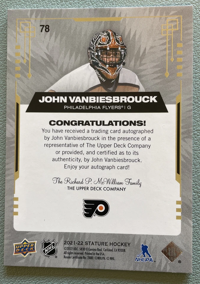 2021-22 Upper Deck Stature John Vanbiesbrouck Green Parallel Auto /50 Flyers - Image 3 of 3