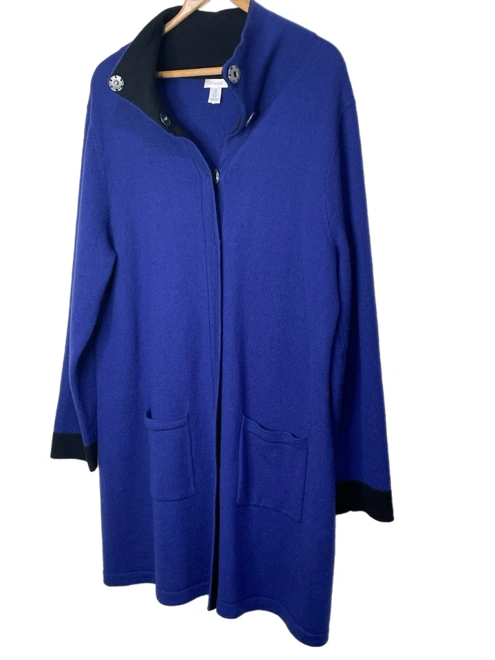 Chico’s Long Blue 100% Wool Open Sweater Long Duster Knit Cardigan Size 3 XL - Image 4 of 4