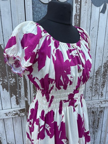 Ladies Summer Bardot Midi Dress –Bold Abstract Print (One Size 10-20) – Magenta - Picture 3 of 4