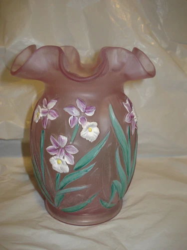 Vintage Fenton Glass Daffodil Hand Painted Lavender Pink Vase 5"