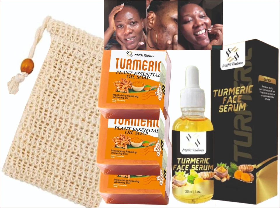 M &M RADIANCE M&M Radiance Organic Turmeric Soap Bar, Turmeric Face Serum + Soap Bar Linen Bag