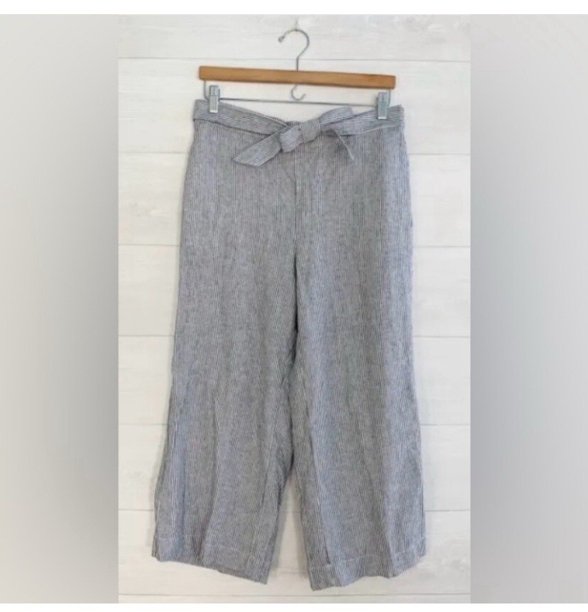 LOFT Outlet Blue White Stripe Linen Blend Wide Leg Crop Pants Size Small  