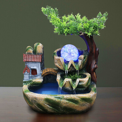 Indoor Water Fountain With Led & Mist Resin Rockery Waterfall Home Art Decor
