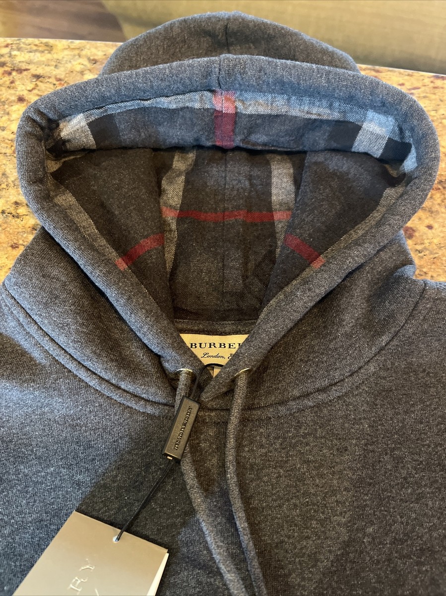 Burberry London Claredon Pullover Check Logo Hoodie Charcoal Grey