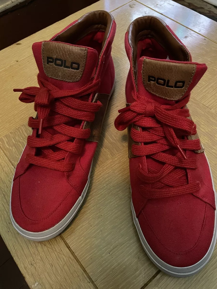 Polo Ralph Lauren Red Lace Up Men High Top Tennis Shoes Size 9 1 2