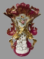 Antique Old Paris Porcelain 16" Floral & Gilt Decorated Vase w Figural Children