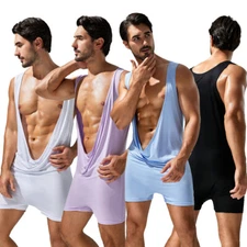 Men's Sexy Sleeveless Deep-V Stretchy Sport Bodysuit Jumpsuit Wrestling Singlet