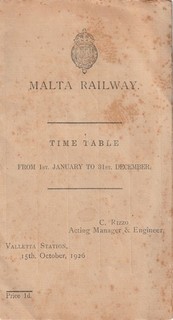 Malta Railway Timetable 1st Jan to £1st Dec Dated 15th Oct 1920 & 2 Tickets