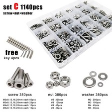 1140pcs M2-M5 SS304 Hexagon Hex Socket Allen Cap Head Screw Bolt Nut Set Kit