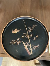 Antique Large JAPANESE BLACK LACQUER ROUND BAMBOO and BIRD DESIGN TRAY SIGNED 