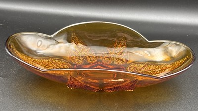 VTG Indiana Glass Amber Glass Celery Relish Dish Stippled Leaves Pattern 50's