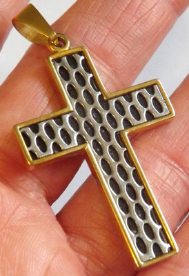Religious Inox 316 L gold and silver tone ornate pattern squared cross pendant