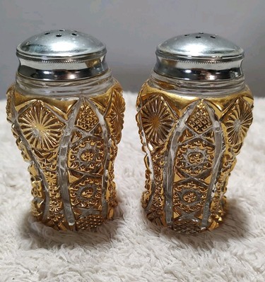 Vntg Gold Gild Imperial Hobstar Pinwheel Glass Chrome Salt Pepper Shakers