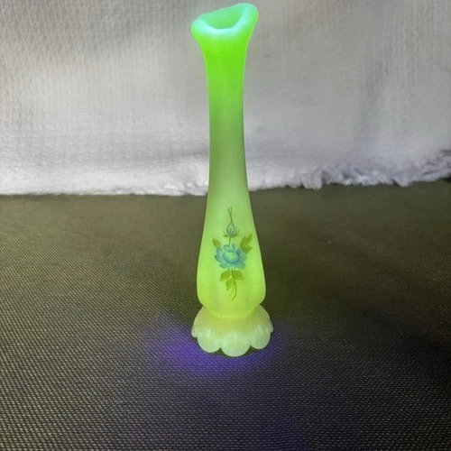 Vintage Fenton Custard Glass Bud Vase Yellow Painted Floral Uranium N. Kuhne