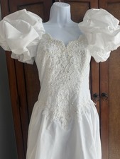 VTG 90s High Puff Sleeve Princess Wedding Dress Long Train Roses Fits XS Pearls