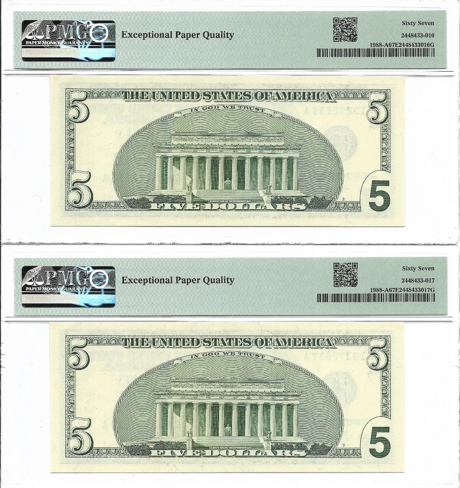 2001 $5 BOSTON FRNs. 3 Consecutive PMG SUPERB GEM Uncirculated 67 EPQ Banknotes. - Image 3 of 4