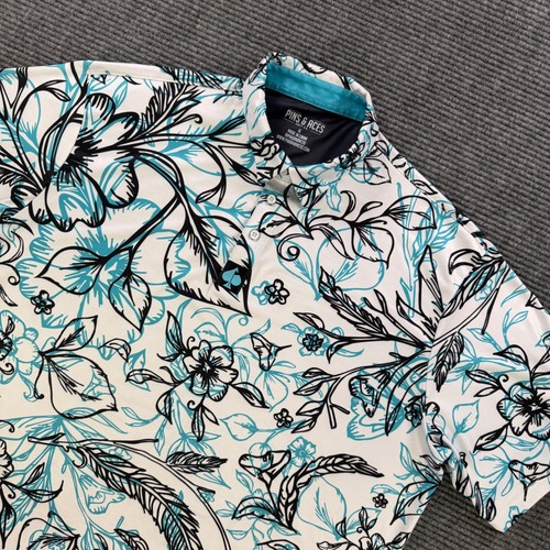 Pins & Aces Golf Co Polo Shirt Men XL White Teal Floral Short Sleeve Athleisure