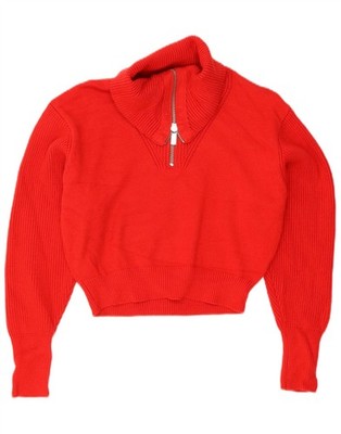 ZARA Damen Crop Zip Neck Pullover Pulli UK 14 Large rot Viskose CV12
