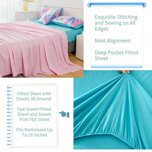 Meerjungfrau Twin Mädchen Bettwäsche Set, Bunt Regenbogen Kinder Mädchen Bettdecke Set - Bild 6 von 6